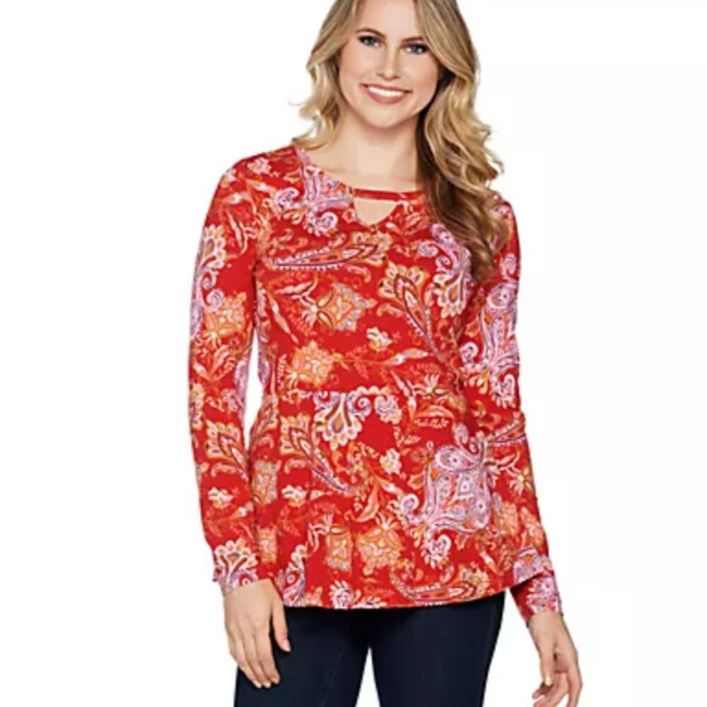 Isaac Mizrahi Live! Elegant Paisley Print Keyhole Neck Peplum Top
